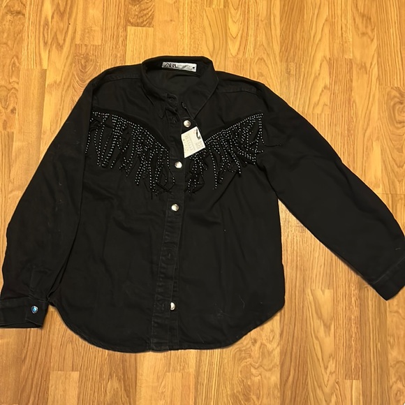 STUDDED FRINGED DENIM JACKET Z1975 - Picture 2 of 4